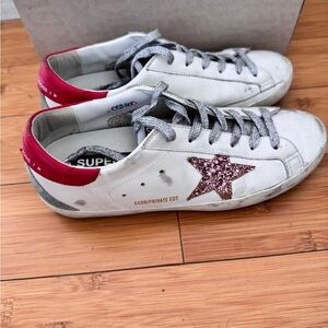 Golden Goose White Sneakers with Glitter Pink Star and Red Accents